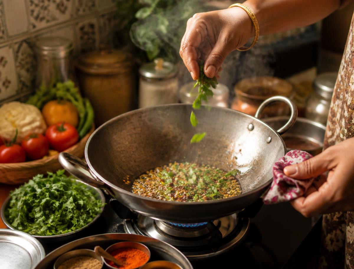 Tempering spices in a kadai in an Indian home kitchen